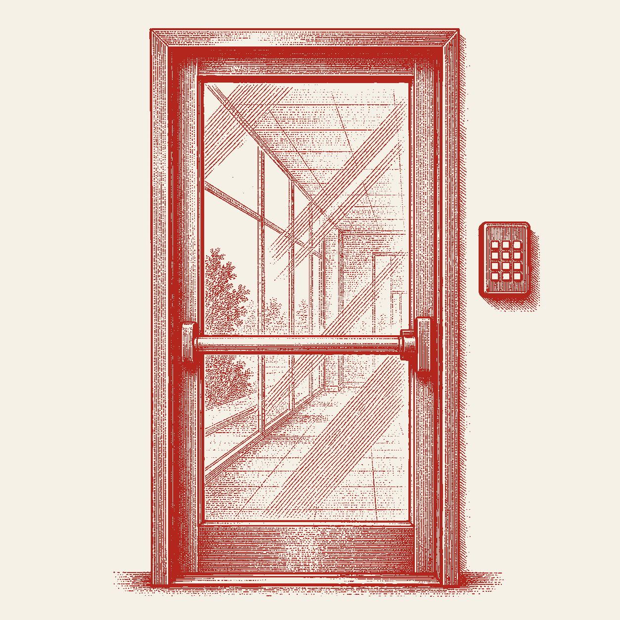 A commercial glass shopfront door with an access keypad beside it