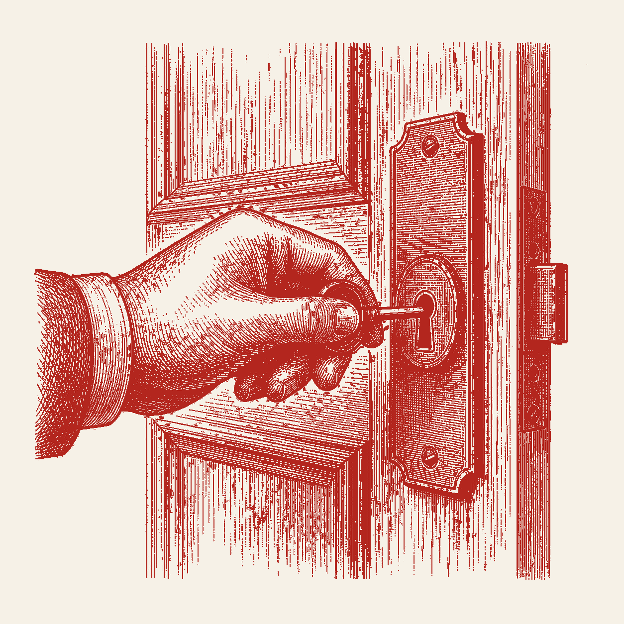 Hand turning a key in the brass deadbolt of a timber suburban front door