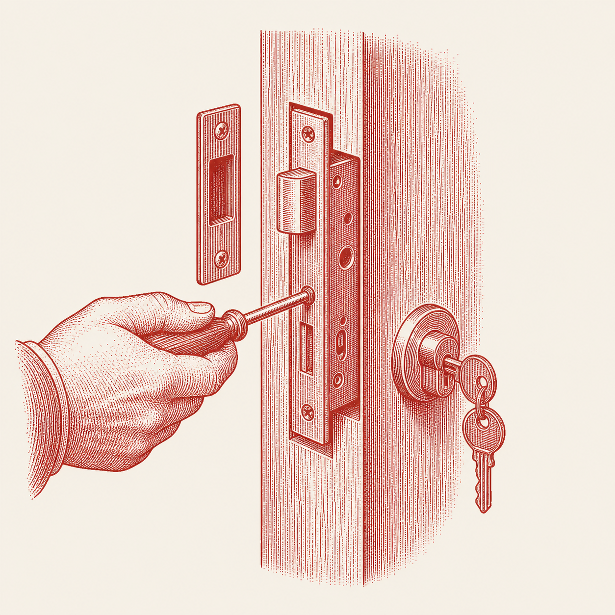 Engraved illustration of a locksmith fitting a new lock into a door with a screwdriver